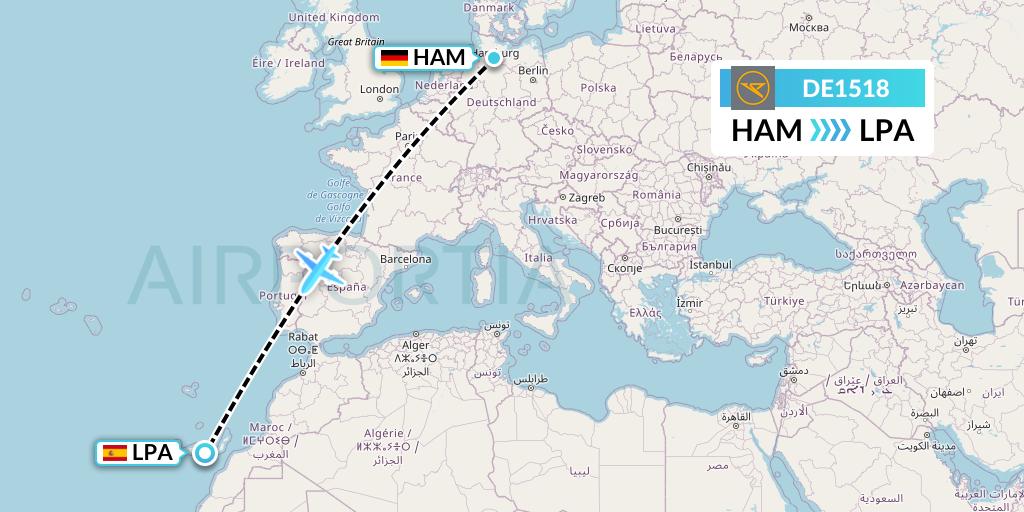 DE1518 Condor Flight Map: Hamburg to Las Palmas