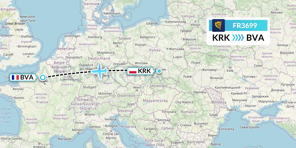 FR3699 Ryanair Flight Map: Krakow to Paris