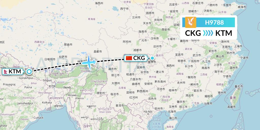 H9788 Himalaya Airlines Flight Map: Chongqing to Kathmandu