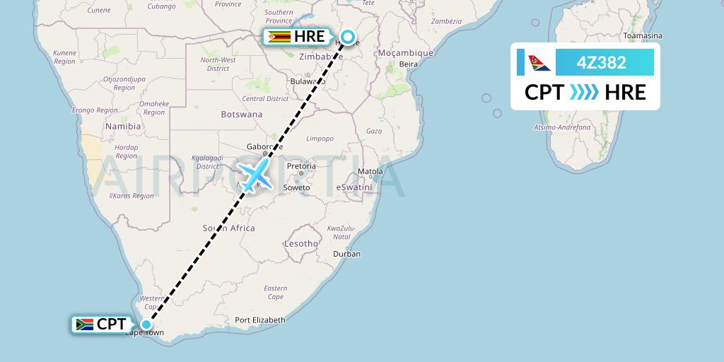 4Z382 Airlink Flight Map: Cape Town to Harare