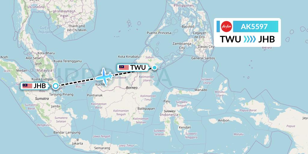 AK5597 AirAsia Flight Map: Tawau to Johor Bahru