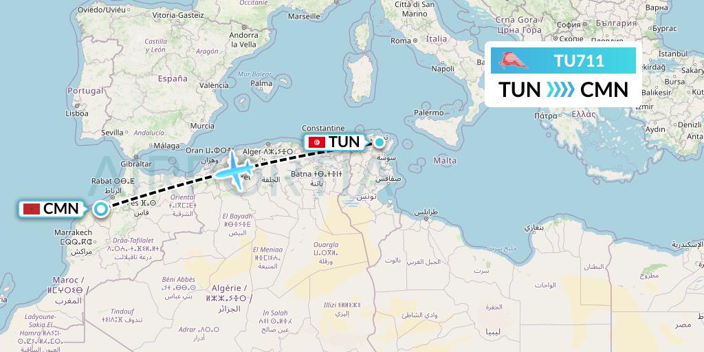TU711 Tunisair Flight Map: Tunis to Casablanca
