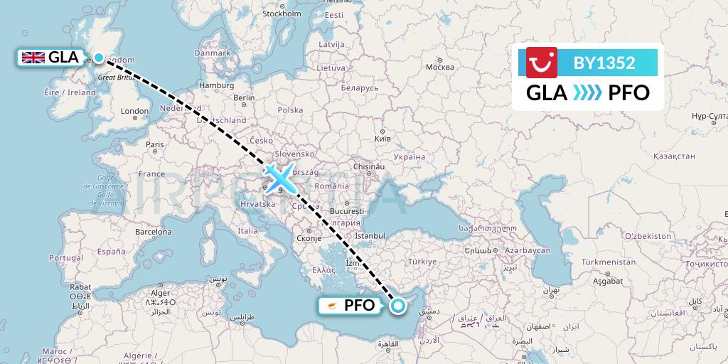 BY1352 TUI Airways Flight Map: Glasgow to Pafos