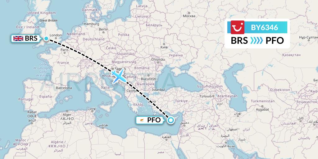 BY6346 TUI Airways Flight Map: Bristol to Pafos