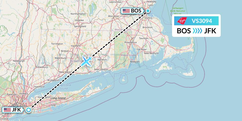 VS3094 Virgin Atlantic Airways Flight Map: Boston to New York