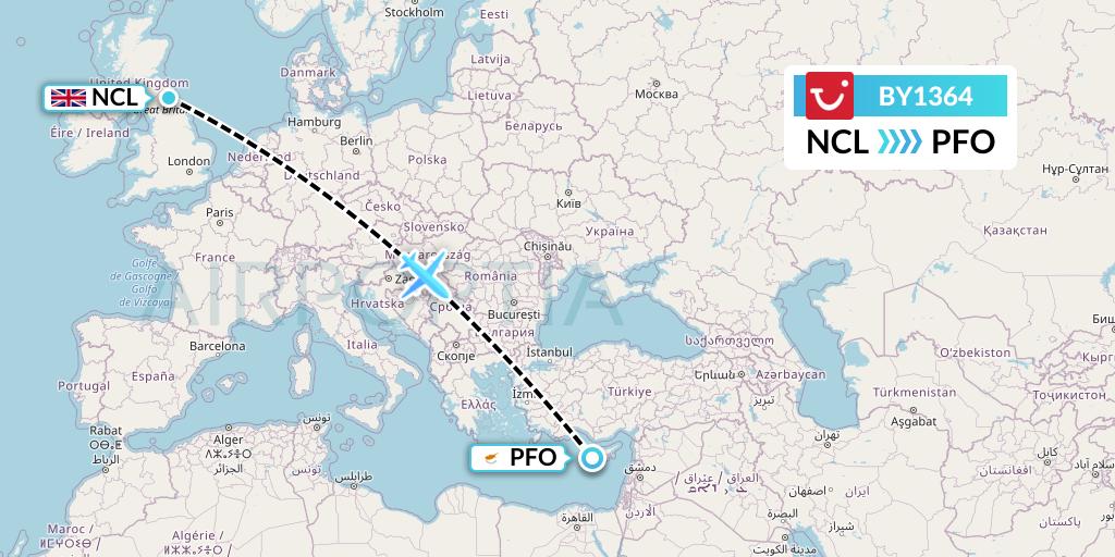 BY1364 TUI Airways Flight Map: Newcastle to Pafos