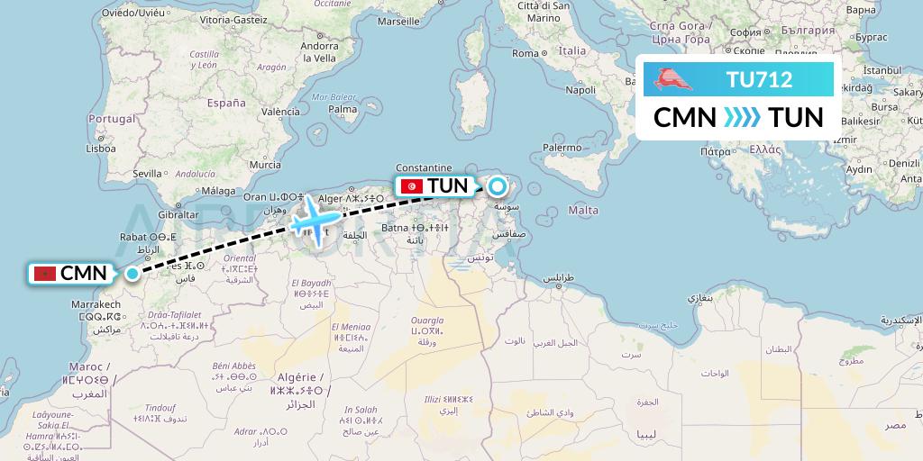 TU712 Tunisair Flight Map: Casablanca to Tunis