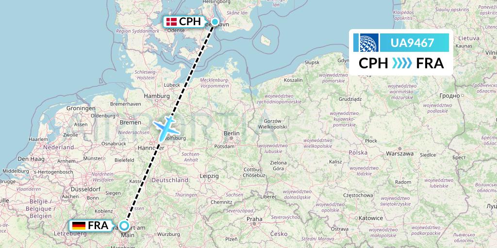 UA9467 United Airlines Flight Map: Copenhagen to Frankfurt