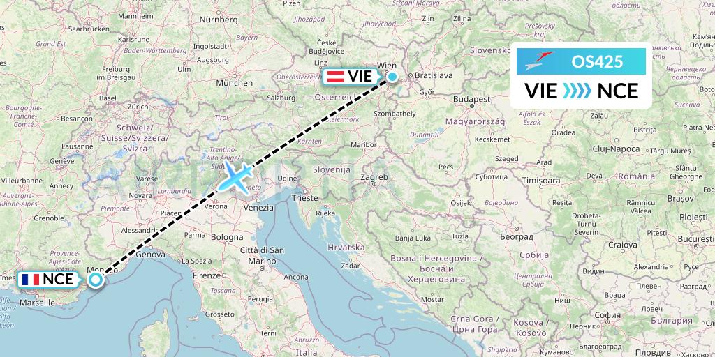OS425 Austrian Airlines Flight Map: Vienna to Nice