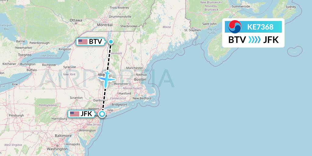 KE7368 Korean Air Flight Map: Burlington to New York