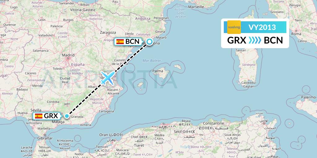 VY2013 Vueling Flight Map: Granada to Barcelona