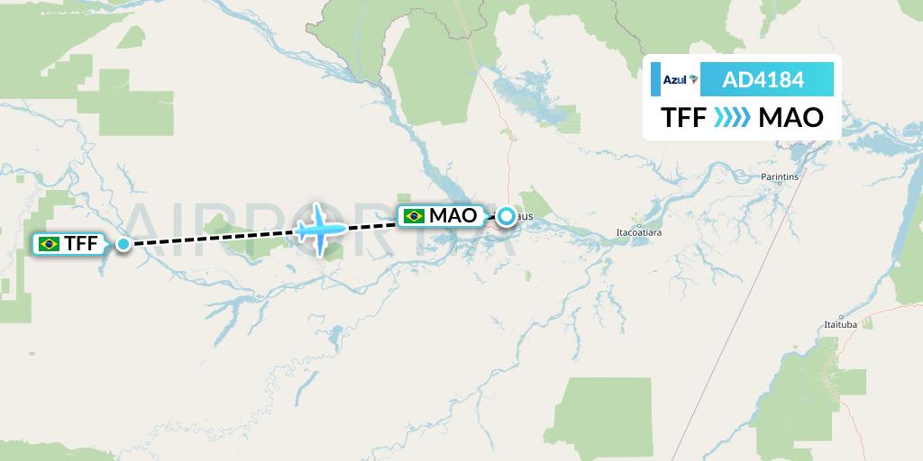AD4184 Azul Brazilian Airlines Flight Map: Tefe to Manaus