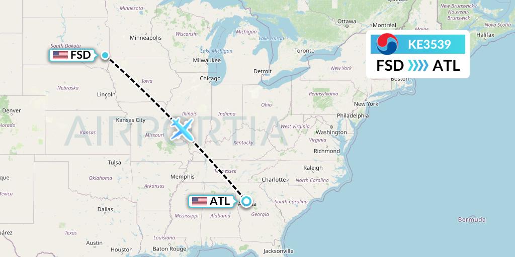KE3539 Korean Air Flight Map: Sioux Falls to Atlanta