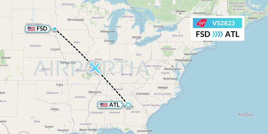 VS2823 Virgin Atlantic Airways Flight Map: Sioux Falls to Atlanta