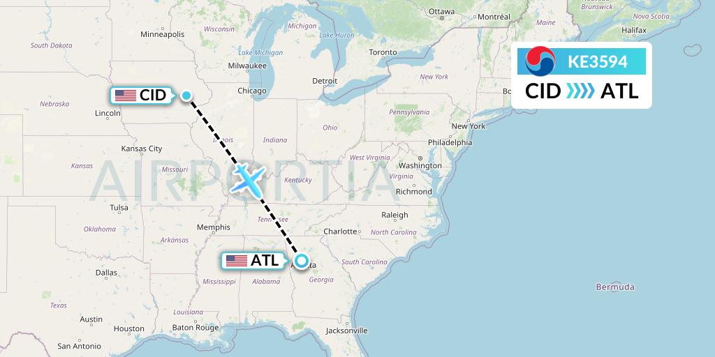 KE3594 Korean Air Flight Map: Cedar Rapids to Atlanta