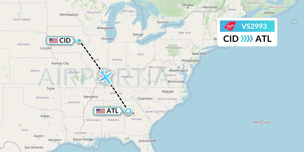 VS2993 Virgin Atlantic Airways Flight Map: Cedar Rapids to Atlanta