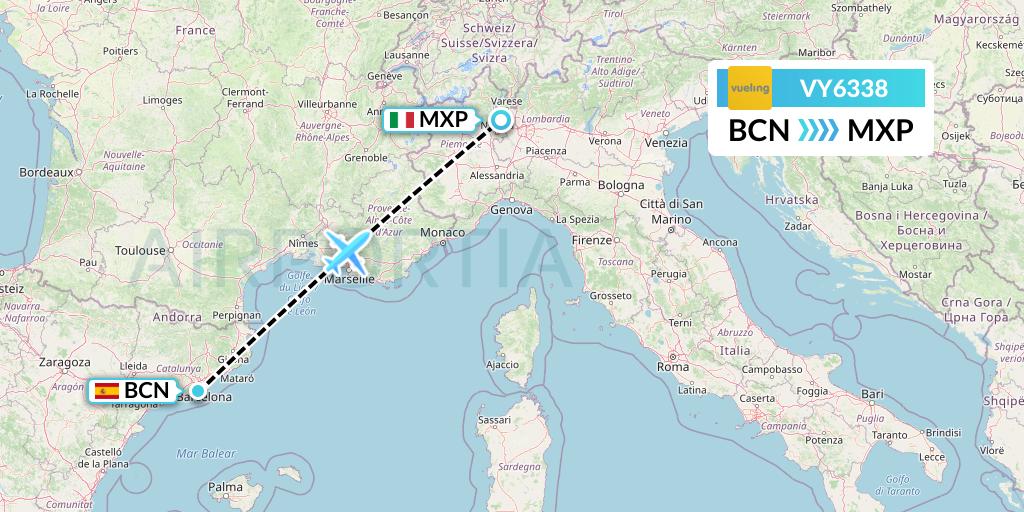 VY6338 Vueling Flight Map: Barcelona to Milan