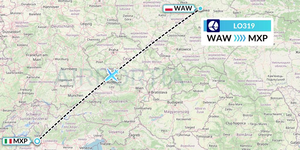 LO319 LOT Flight Map: Warsaw to Milan