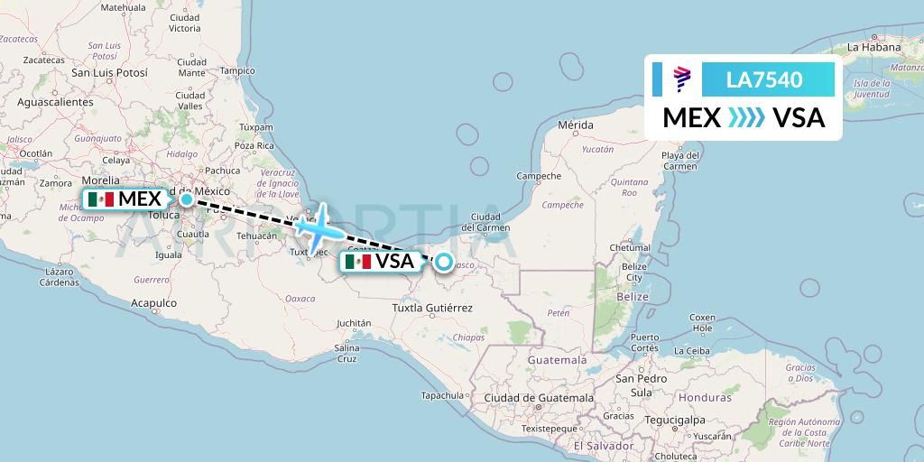 LA7540 LAN Airlines Flight Map: Mexico City to Villahermosa