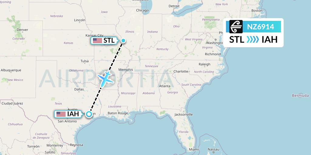 NZ6914 Air New Zealand Flight Map: St. Louis to Houston