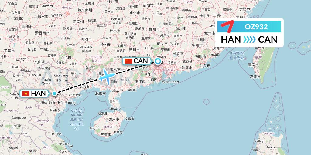OZ932 Asiana Airlines Flight Map: Hanoi to Guangzhou
