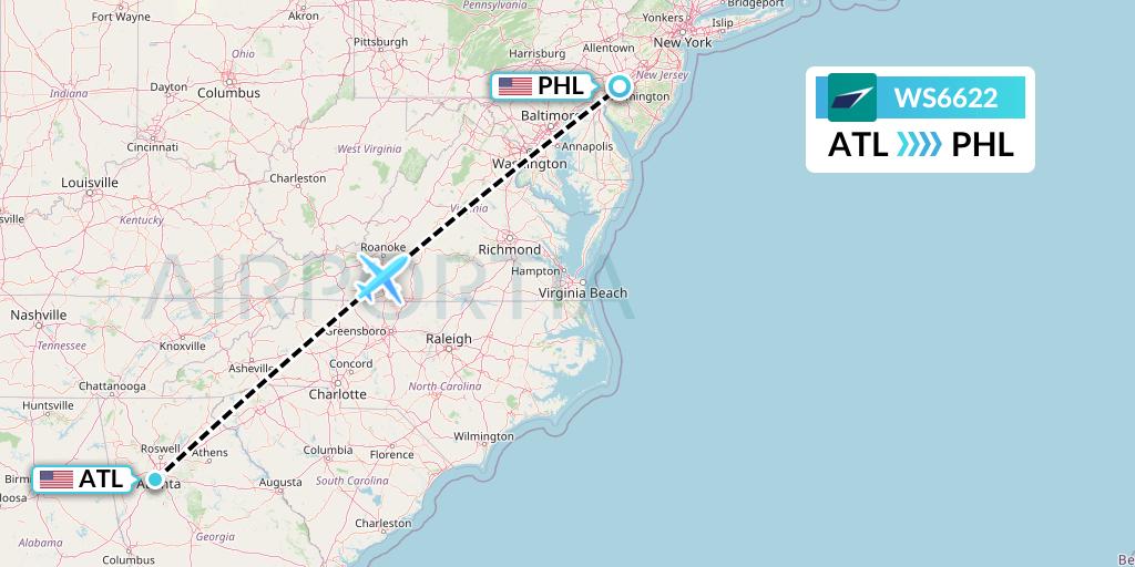 WS6622 WestJet Flight Map: Atlanta to Philadelphia