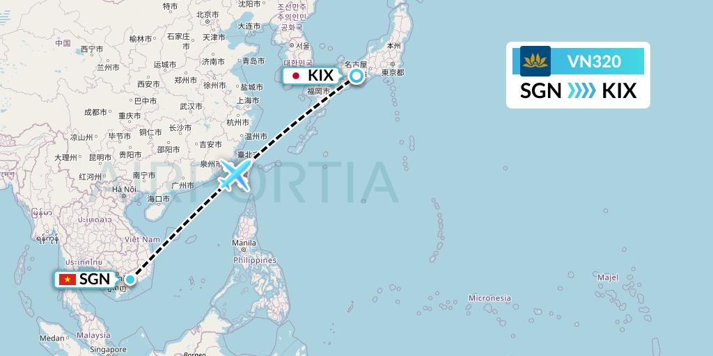 VN320 Vietnam Airlines Flight Map: Ho Chi Minh City to Osaka