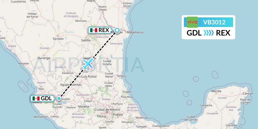 VB3012 VivaAerobus Flight Map: Guadalajara to Reynosa