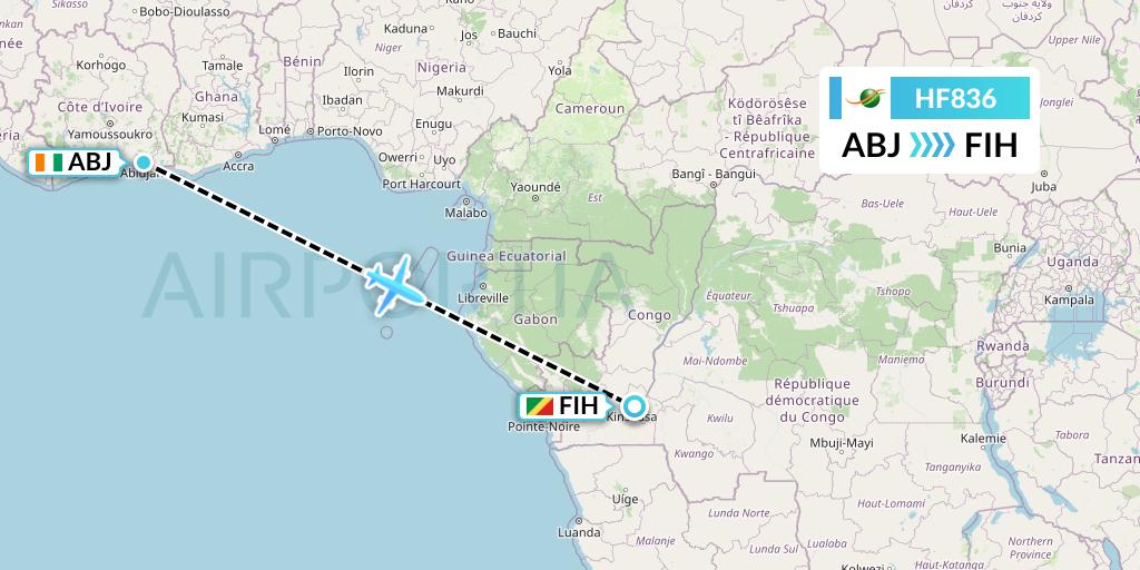 HF836 Air Cote d'Ivoire Flight Map: Abidjan to Kinshasa