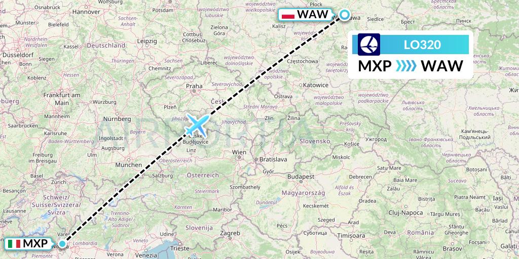 LO320 LOT Flight Map: Milan to Warsaw