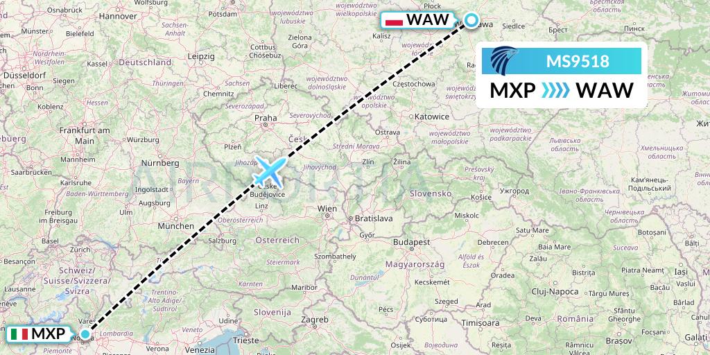 MS9518 EgyptAir Flight Map: Milan to Warsaw