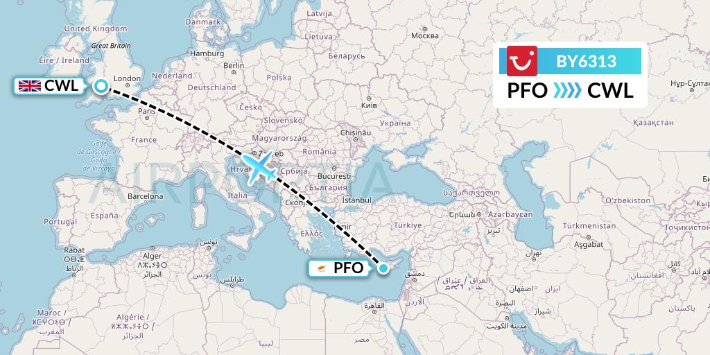 BY6313 TUI Airways Flight Map: Pafos to Cardiff