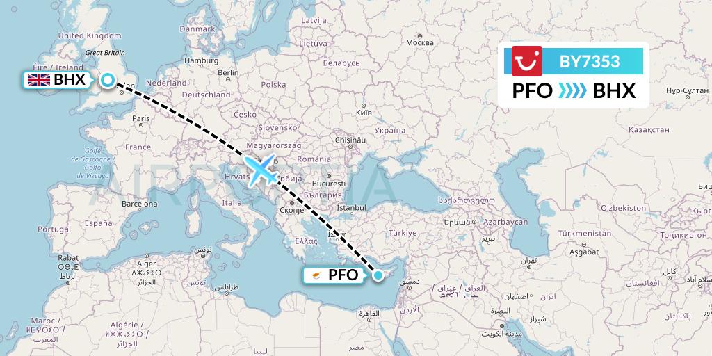 BY7353 TUI Airways Flight Map: Pafos to Birmingham