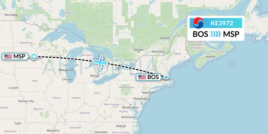 KE3972 Korean Air Flight Map: Boston to Minneapolis