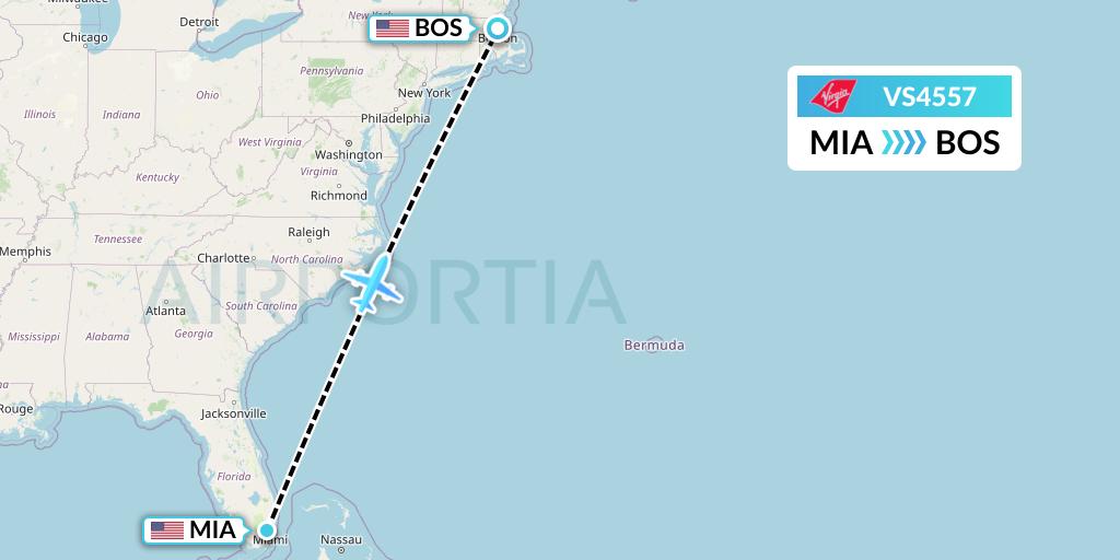 VS4557 Virgin Atlantic Airways Flight Map: Miami to Boston