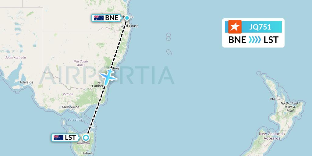 JQ751 Jetstar Airways Flight Map: Brisbane to Launceston