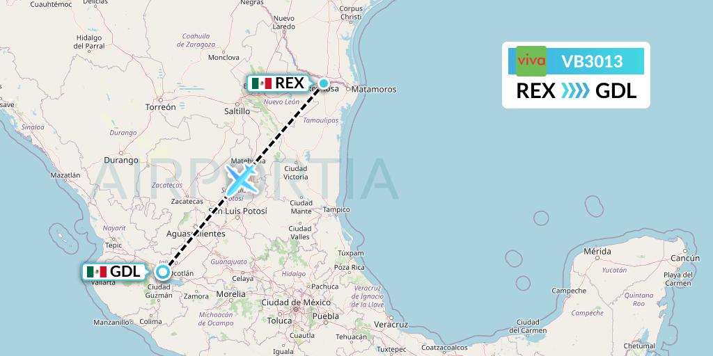VB3013 VivaAerobus Flight Map: Reynosa to Guadalajara