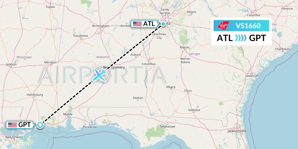 VS1660 Virgin Atlantic Airways Flight Map: Atlanta to Gulfport