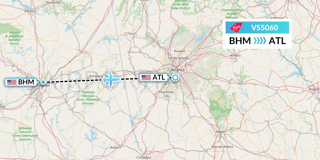 VS5060 Virgin Atlantic Airways Flight Map: Birmingham to Atlanta