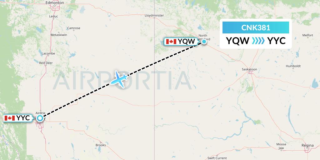 CNK381 Sunwest Aviation Flight Map: North Battleford to Calgary