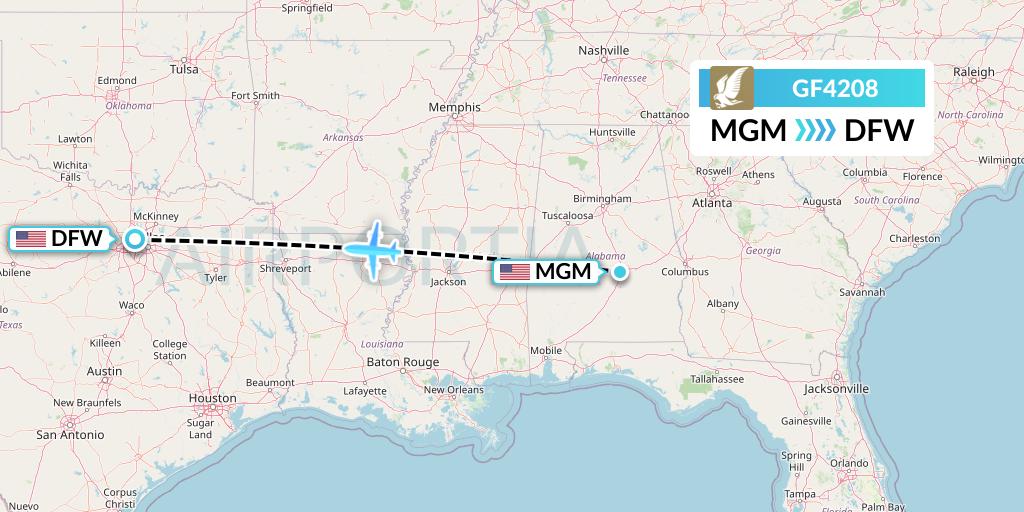 GF4208 Gulf Air Flight Map: Montgomery to Dallas