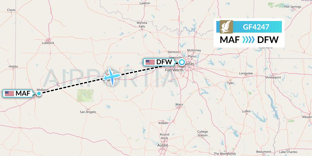 GF4247 Gulf Air Flight Map: Midland to Dallas