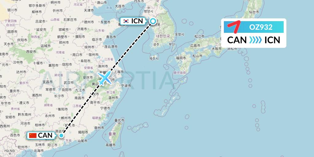 OZ932 Asiana Airlines Flight Map: Guangzhou to Seoul