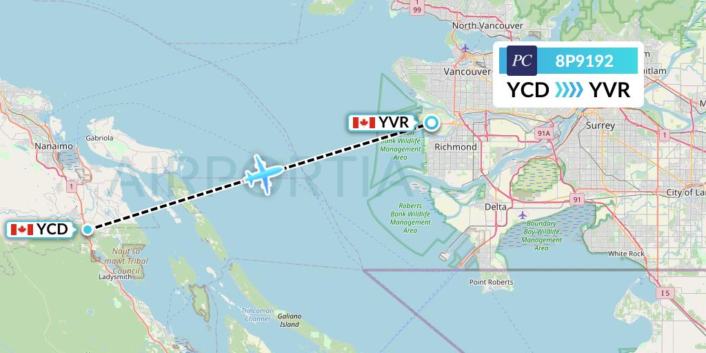8P9192 Pacific Coastal Airlines Flight Map: Nanaimo to Vancouver