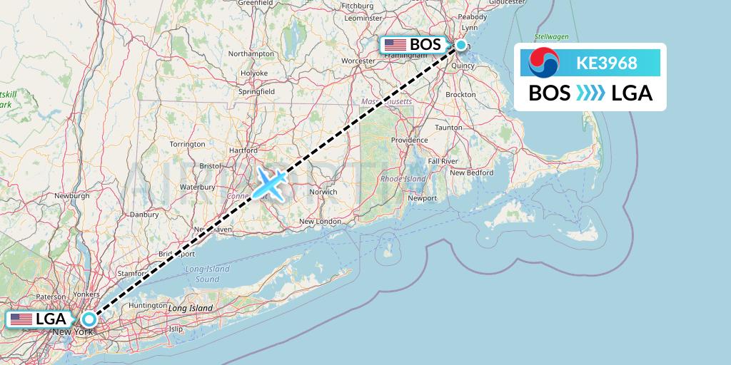 KE3968 Korean Air Flight Map: Boston to New York