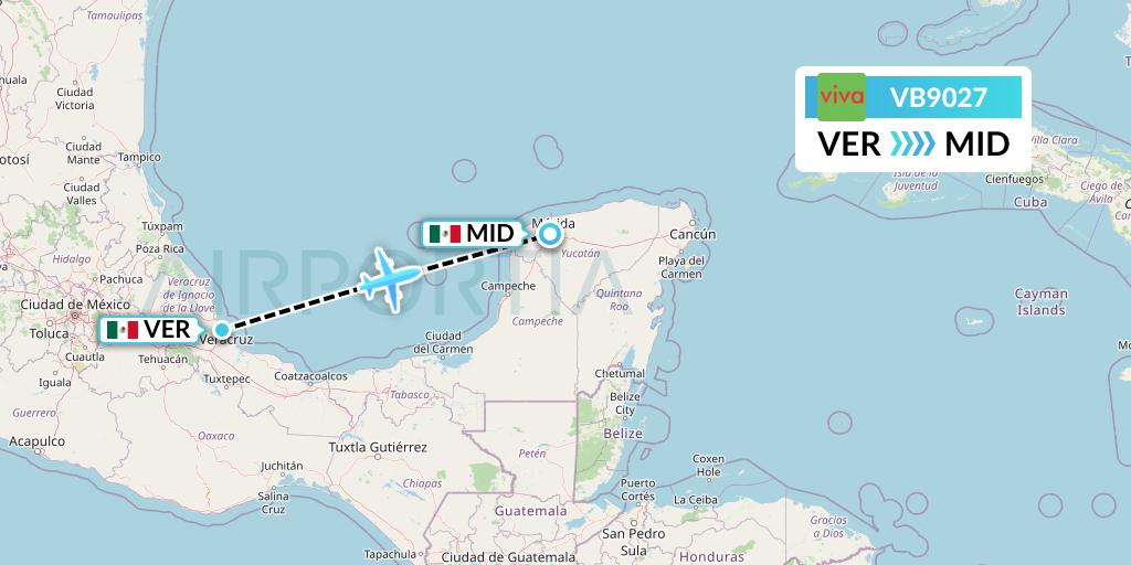 VB9027 VivaAerobus Flight Map: Veracruz to Merida