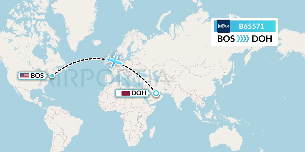 B65571 JetBlue Airways Flight Map: Boston to Doha