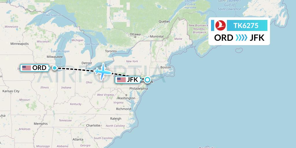 TK6275 Turkish Airlines Flight Map: Chicago to New York