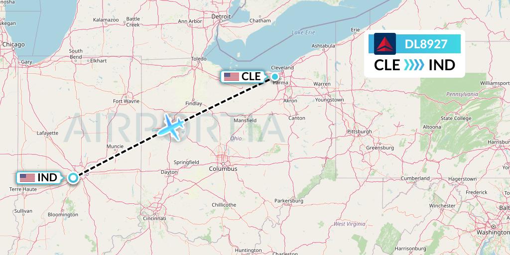 DL8927 Delta Air Lines Flight Map: Cleveland to Indianapolis