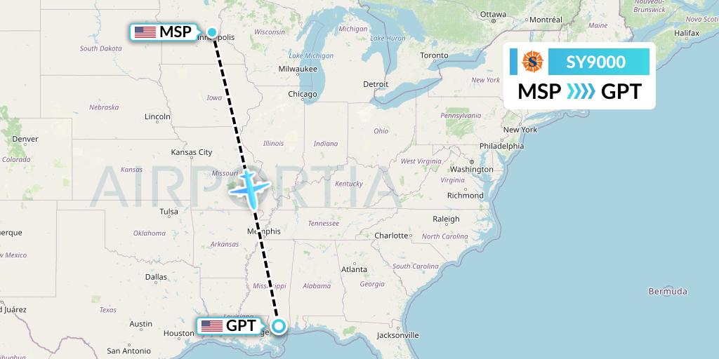 SY9000 Sun Country Airlines Flight Map: Minneapolis to Gulfport